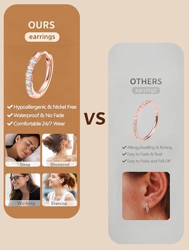 316L Surgical Steel Huggie Hoop Earrings | Dainty Pave Cubic Zirconia Cartilage Tiny Earring for Sensitive Ears Hypoallergenic Lightweight for Women Men - style: Rose Gold Plated,20G*8/10/12mm
