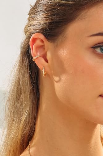 Round Huggie Ear Cuff Gold Earrings for Women | 18K Gold Plated Cubic Zirconia Sparkling | Clip On Cartilage| Simulated Diamond Bezel-Set CZ Huggie Hoop Earrings - color: Cuffs - Yellow Gold
