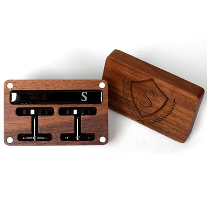 Mens Initial Cufflinks and Tie Clip A-Z Alphabet Letter Black Stainless Cuff Links Tie Bar with Engraved Walnut Wood Box Groom Groomsman Wedding Set - style: Classic-S