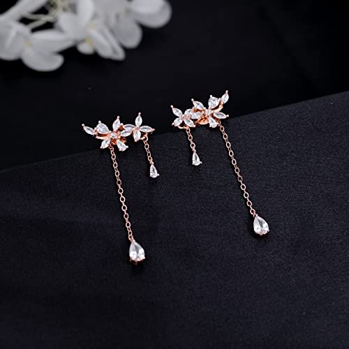 SLUYNZ 925 Sterling Silver Dainty CZ Flowers Wrap Earrings Dangle Chain for Women Elegant Dangling Earrings Bridal Earrings Wedding Engagement Drop Earrings Prom Engagement Party Jewelry - color: B-Rose Gold Plated