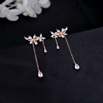 SLUYNZ 925 Sterling Silver Dainty CZ Flowers Wrap Earrings Dangle Chain for Women Elegant Dangling Earrings Bridal Earrings Wedding Engagement Drop Earrings Prom Engagement Party Jewelry - color: B-Rose Gold Plated