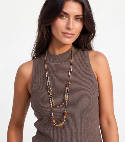 Noessla Boho Long Beaded Necklaces for Women Double Layer Chunky Irregular Stone Beads Strand Statement Jewelry Mothers Day Gifts - color: Brown