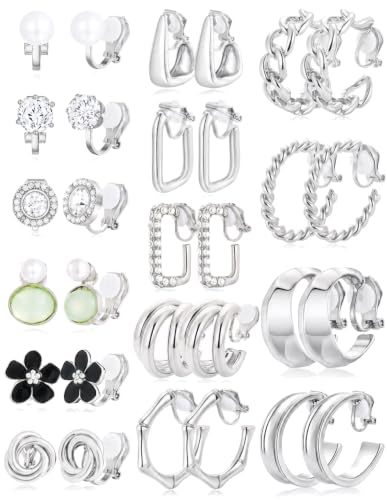 15 Pairs Clip on Earrings for Women Chunky Hoop Clip Earring Round CZ Twist Simulated Pearl Flower Knot No Piercing Fake Stud Earrings Sets Jewelry Gifts Silver Gold Plated - color: B: Silver