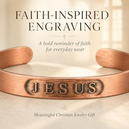 Pure Copper Bracelet for Men & Women, JESUS Engraved Adjustable Open Bangle, Uncoated Hammered Christian Jewelry Gift