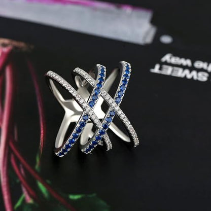 PAVOOI 14K Gold Plated X Ring Simulated Diamond CZ Criss Cross Ring for Women Juude Jewelers Silver Rose Gold Braided Wrap Knot Style Promise Statement Cocktail Party Ring(Silver Blue-US Code-6) - color: Silver Blue, size: (US Code-6)