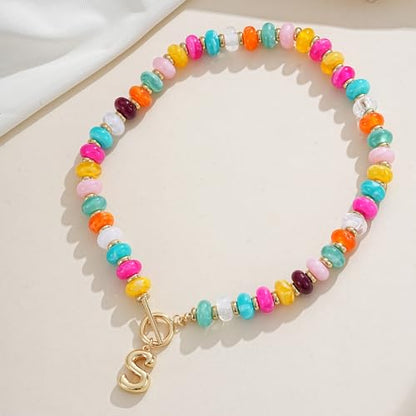 NIKOLUX Colorful Initial Necklaces for Women Chunky Resin Beaded Toggle Necklace 14K Gold Plated A-Z Bubble Letter Pendant Necklace Trendy Summer Beach Handmade Jewelry Gift - color: Colorful-S