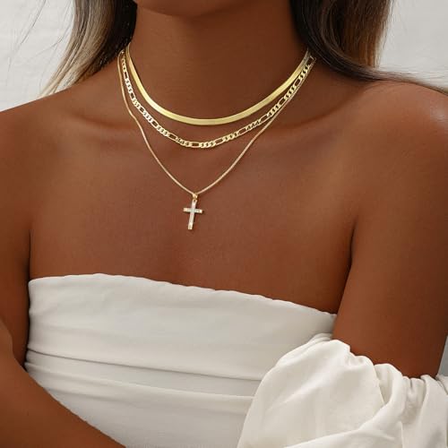 Gold Necklace for Women 14K Gold Plated Layered Cross Bar Necklace Herringbone Figaro Paperclip Flat Chain Cute Charm Accessories Non Tarnish Jewelry Set Gifts for Women - style: R-NK-07-CZ cross-GD