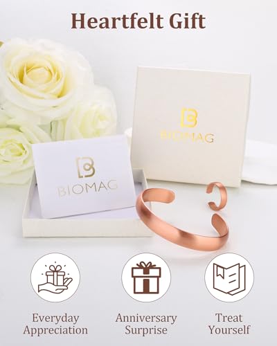 BioMag Pure Copper Bracelet & Ring for Women Men, 99.99% Solid Handmade Copper Cuff Bangle, Adjustable Jewelry Gift with Gift Box - color: Rose Gold (Shine)