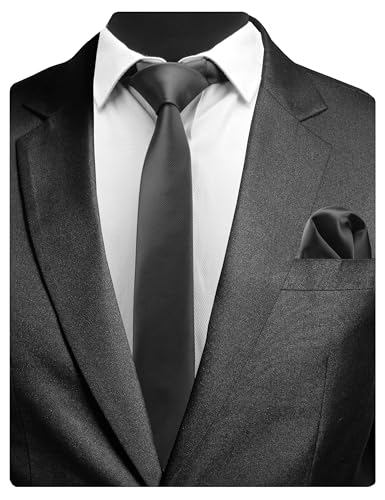 GUSLESON 2.4" Slim Necktie and Handkerchief Set For Men Solid Skinny Tie Set - color: Charcoal Grey