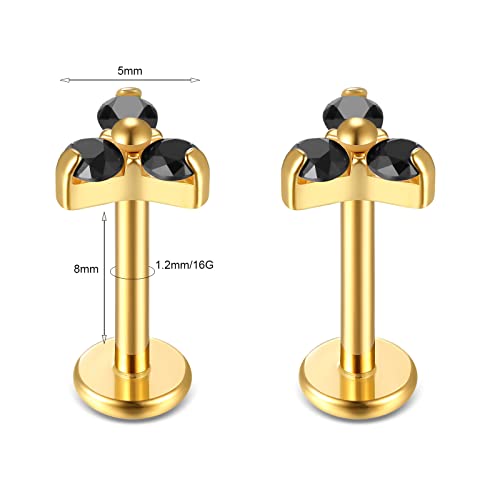 BelezaDosas G23 Titanium Labret Studs 16G Threadless Push-in Press Fit Lip Cluster Tragus Helix Lobe Conch Rook Medusa Cartilage Monroe Earring Push Back Piercing Jewelry - color: 16g8mm tri gd bk