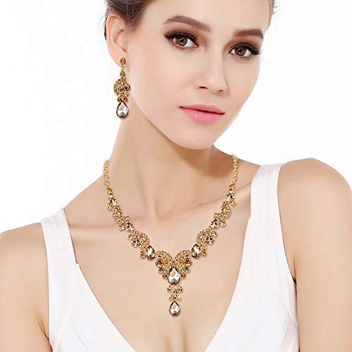 EVER FAITH Rhinestone Crystal Bridal Floral Wave Teardrop Necklace Earrings Set - color: 2pcs_Champagne