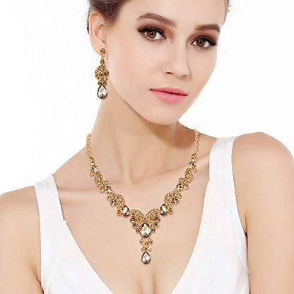 EVER FAITH Rhinestone Crystal Bridal Floral Wave Teardrop Necklace Earrings Set - color: 2pcs_Champagne