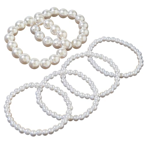 6Pcs White Pearl Bracelets for Women, Stretch Faux Pearl Bracelets, Elastic Pearl Beaded Bracelets, Stackable Pearl Bracelet Set for Women Bridal Bridesmaid Wedding Party Gifts