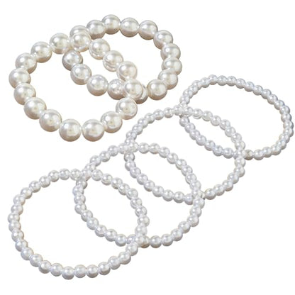 6Pcs White Pearl Bracelets for Women, Stretch Faux Pearl Bracelets, Elastic Pearl Beaded Bracelets, Stackable Pearl Bracelet Set for Women Bridal Bridesmaid Wedding Party Gifts