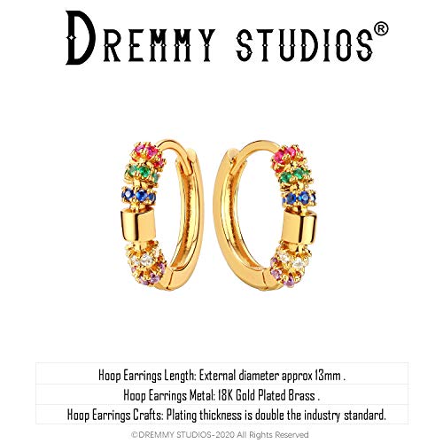 Dremmy Studios Dainty CZ Huggie Hoop Earrings 14K Gold Plated Chunky Simple Cute Thick Round Frill Bead Ball Starburst Cuff Earrings Cubic Zirconia Hoop Earrings Minimalist Personalized Gift for Her - color: Rainbow C