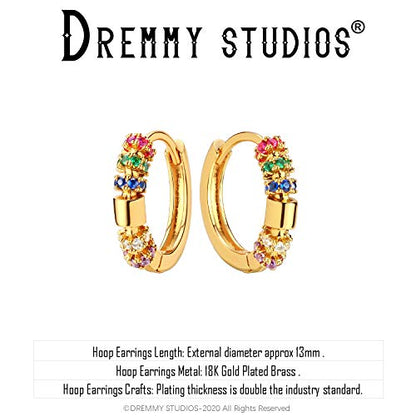 Dremmy Studios Dainty CZ Huggie Hoop Earrings 14K Gold Plated Chunky Simple Cute Thick Round Frill Bead Ball Starburst Cuff Earrings Cubic Zirconia Hoop Earrings Minimalist Personalized Gift for Her - color: Rainbow C