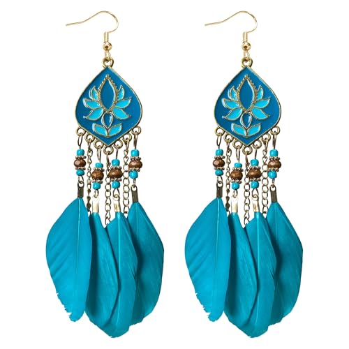 Long Tassel Feather Earrings for Women Handmade Vintage Bohemian Multicolor Tassel Feathers Dangle Drop Earrings Jewelry - color: navy blue