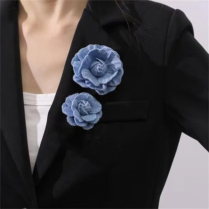 Dreuyet 10 PCS Denim Fabric Flower Brooch Pins with Hair Clips Denim Ribbon Fabric Camellia Flowers Corsage Pin Clip Sweater Coat Dress Suit Backpack Clothes Accessories