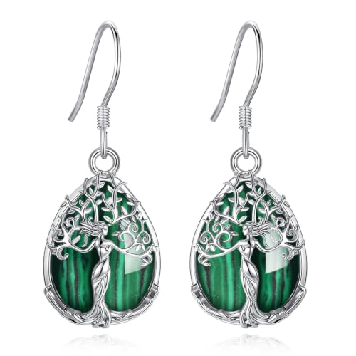 AEONSLOVE Tree of Life Crystal Earrings with Sterling Silver Ear Hooks, Dangle Drop Tree Earrings Gifts for Women - style: A01-Malachite-Teardrop
