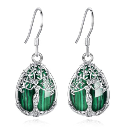 AEONSLOVE Tree of Life Crystal Earrings with Sterling Silver Ear Hooks, Dangle Drop Tree Earrings Gifts for Women - style: A01-Malachite-Teardrop