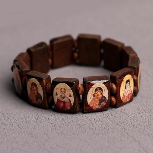 2/4 Pcs Wooden Jesus Virgin Mary Bracelet Saints Rosary Stretch Adjustable Wooden Small Panel Bracelet Religious Saints Jesus Gift for Women Men - color: 2 pcs