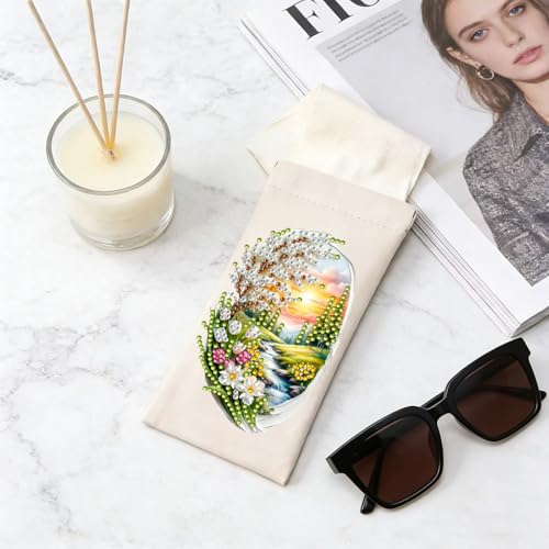Diamond Art Painting Eye Glass Bag PU Sunglasses Glasses Storage Bag Built-in Glasses Cloth Press Automatic Closure - color: Landscape