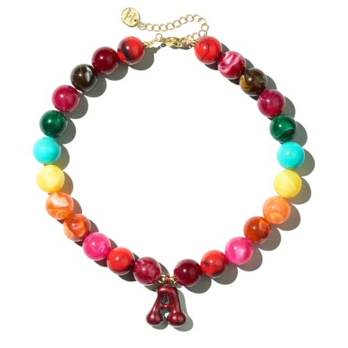 DoDoBeads Chunky Colorful Beaded Initial Necklace, Bubble Letter Choker | Gift box and dust pouch included; waterproof and sweat-resistant with real gold plated stainless steel hardware - color: Rainbow-A