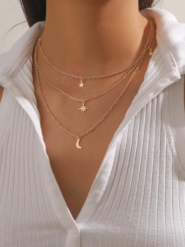 Layered Moon & Star Pendant Necklace, 3-Chain Gold Choker with Celestial Charms