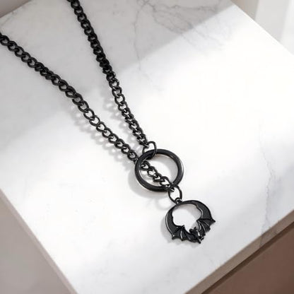 Slip Chain Choker for Women Handmade Black Stainless Steel Cuban Chain Chunky Moon Bat Raven Skull Pendant Gothic Punk Rock Collar Adjustable Lariat Y Necklace for Men - style: Bats