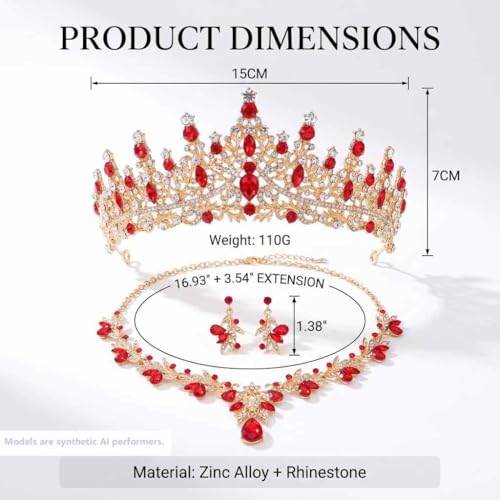 Kamirola Tiaras and Crowns for Women,Tiaras Earrings Necklace, Crystal Bridal Jewelry Set, Costume Jewelry for Women Party Halloween Prom Pageant - color: GOLD RED
