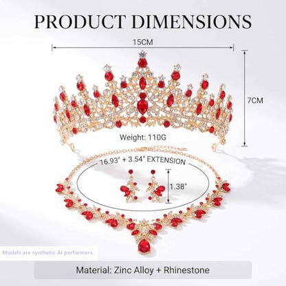 Kamirola Tiaras and Crowns for Women,Tiaras Earrings Necklace, Crystal Bridal Jewelry Set, Costume Jewelry for Women Party Halloween Prom Pageant - color: GOLD RED