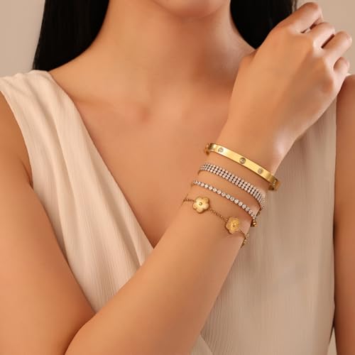 18 K Gold Plated Love Bangle Bracelet Stack for Women,Set of 4 Floral Clover Chain, Tennis Crystal &Gold Stackable Bangle Bracelet -Adjustable Layered Jewelry Gift for Wife Valentines Mother's Day-MVCOLEDY - color: Gold and White CZ