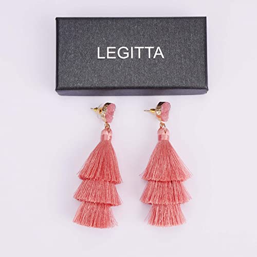 Bohemian Tiered Tassel Earrings with Druzy Stud for Women | Long Layered Fringe Drop Earrings, Statement Jewelry for Party Beach Festival - color: Blush