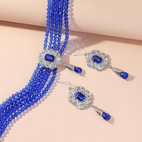 Missgrace Women Silver Black Green Red Rhinestone Crystal Tassels Bridal Necklace Earrings Sets Teardrop Necklace Dangle Earrings Set for Wedding Brides Bridesmaid - color: Blue