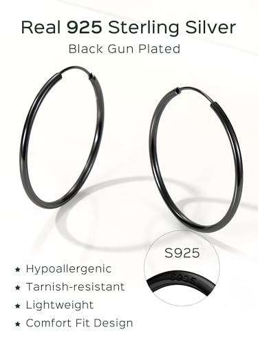 ChicSilver 925 Sterling Silver Hoop Earrings for Women Hypoallergenic, Lightweight Large Gold Plated Silver Hoop Earrings, Endless Hoops Earring 20/30/40/50/60/70MM - color: A. High Polished Black, size: 40mm