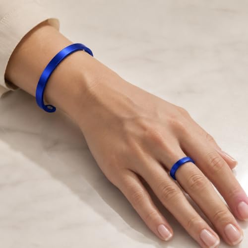 Calming Bracelet Ring Set for Women, Menopause Bracelets Adjustable Bangle Stainless Steel Cuff Climacterium Anxiety Stress Relief Energy Open Jewelry Gift - color: Blue PRO + Blue