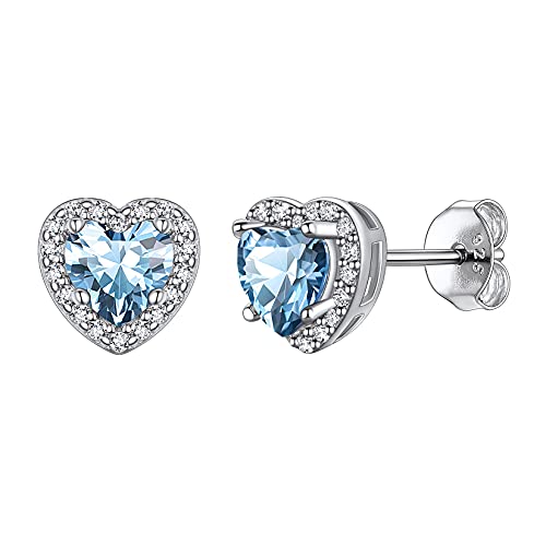 Suplight 925 Sterling Silver Birthstone Stud Earrings for Women, Round/Heart/Teardrop/Square Crystal Diamond Earrings for Women, Dainty Birthday Gifts Jewelry - color: style b-03. heart-March(Created Aquamarine)