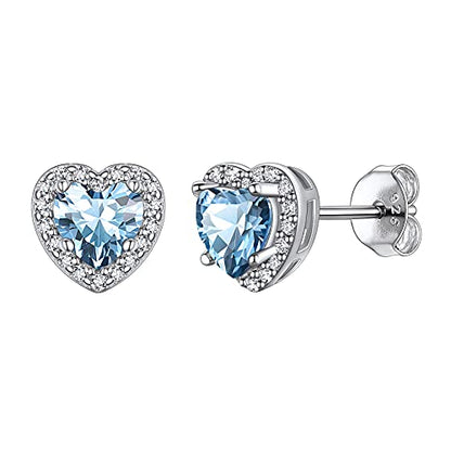Suplight 925 Sterling Silver Birthstone Stud Earrings for Women, Round/Heart/Teardrop/Square Crystal Diamond Earrings for Women, Dainty Birthday Gifts Jewelry - color: style b-03. heart-March(Created Aquamarine)