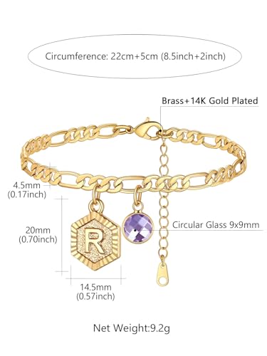 Custom4U Personalized Initial Ankle Bracelets for Women 14K Gold Plated Dainty CZ Birthstone Hexagon Letter Initial Anklets for Women Adjustable Silver/Gold Foot Chain Summer Beach Jewelry Gifts - color: Gold Hexagon-R