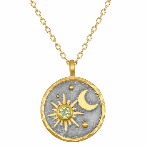 Gold Sun Moon and Stars Pendant Necklace with Birthstone Crystals as Center of Sun, Two-Tone Stainless Steel, Celestial Theme, Astrology Gift for Women, 16-20 Inch Adjustable Cable Chain - color: August Peridot