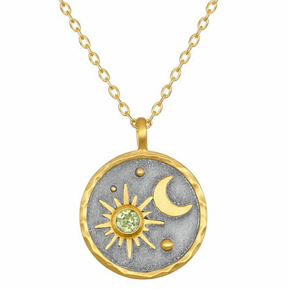 Gold Sun Moon and Stars Pendant Necklace with Birthstone Crystals as Center of Sun, Two-Tone Stainless Steel, Celestial Theme, Astrology Gift for Women, 16-20 Inch Adjustable Cable Chain - color: August Peridot