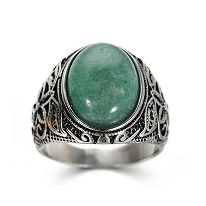 Retro Unisex Stainless Steel Oval Gemstone Hollow Flower Carved Signet Ring - color: Silver-Turquoise