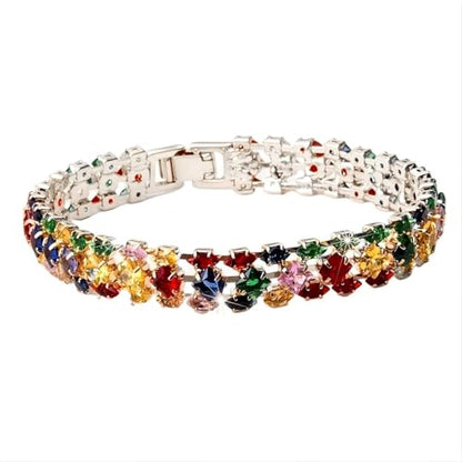 1PCS Bohemian Tennis Bracelet for Women, Golden Plated Copper Colorful Synthetic Zirconia, Elegant Jewelry for Anniversary - color: Sliver