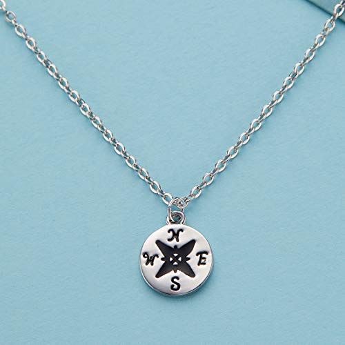 Zealmer Dainty 18K Gold Plated Compass World Map Pendant Necklace Graduation Gift for Friends - color: Compass Silver Tone
