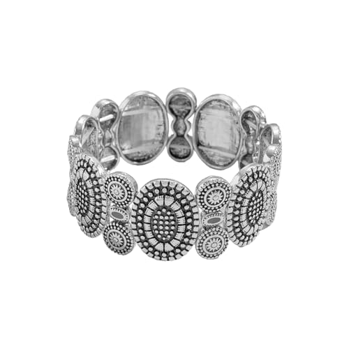 OIDIMS Vintage Round Engraved Charm Bracelet for Women Bohemian Elastic Stretch Bracelets Adjustable Stacking Bangle Fashion Hand Wrist Band Trendy Boho Outfits Dresses Western Jewelry for Her - color: Silver