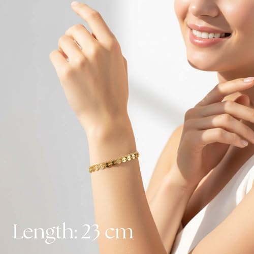 Solza 2 Layer Gold Plated Bracelet – Stainless Steel Adjustable Layered Chain with 3mm Beads, 18K Gold Plated Non Tarnish Jewelry for Women, Elegant Beaded Bracelet Stack for Everyday Wear - style: Coin Chain