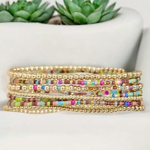 Colorful Stackable Rice Small Mini Seed Beaded Bracelets Set For Women, Handmade Dainty Boho Gold Glass Stretch Accessories Jewelry,Summer Beach Party Daily Friendship Gift - color: Gold175