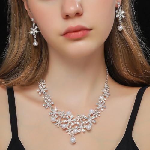 Dainty Faux Pearl Crystal Rhinestone Pendant Necklace Drop Earrings Set for Women,Sparkling Statement Necklace Earrings Romantic Wedding Bridal Jewelry Set