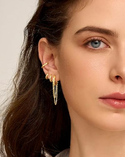 Tassel Chain Small Gold Hoop Dangle Earring For Women Huggie Earring Heart Star CZ 14K Gold Plated Fashion Jewelry Graduation Gift for Her Mothers Day Gifts for Mom - color: Gold-4 Pairs C