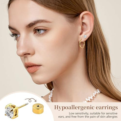 Hypoallergenic Surgical Steel Earrings, 20G Sparkling Cubic Zirconia (CZ) Flat Back Studs & Hoops, Earrings for Sensitive Ears, Cartilage & Helix Piercing Jewelry - color: golden